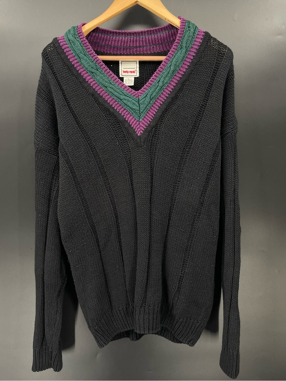Vintage 90s Body Equip Black Ramie Cotton V-Neck Preppy Knit Sweater Size XL